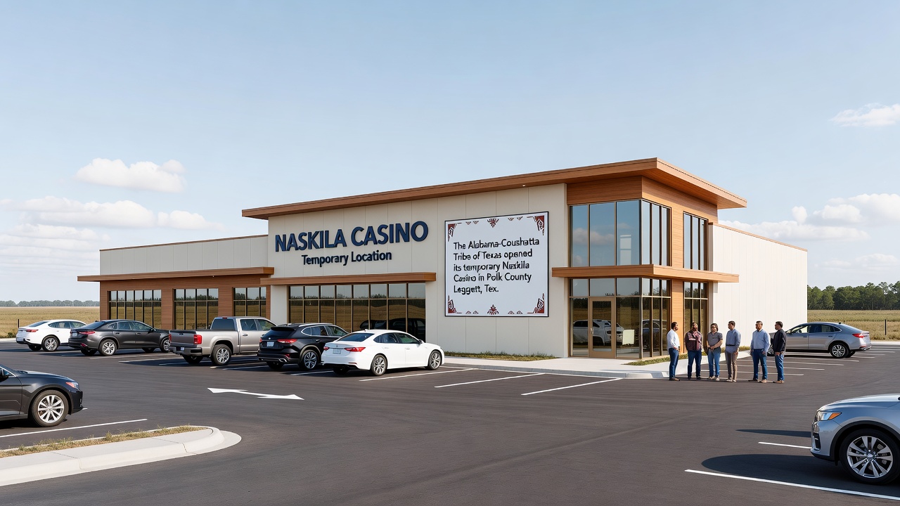 Interior gaming floor at Naskila Casino showing rows of slot machines and dining area in the background